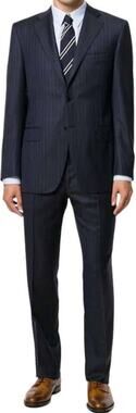 Canali Fine Pinstripe Suit Set Pure Wool Notch Lapel Dress Pants Navy Blue 54R
